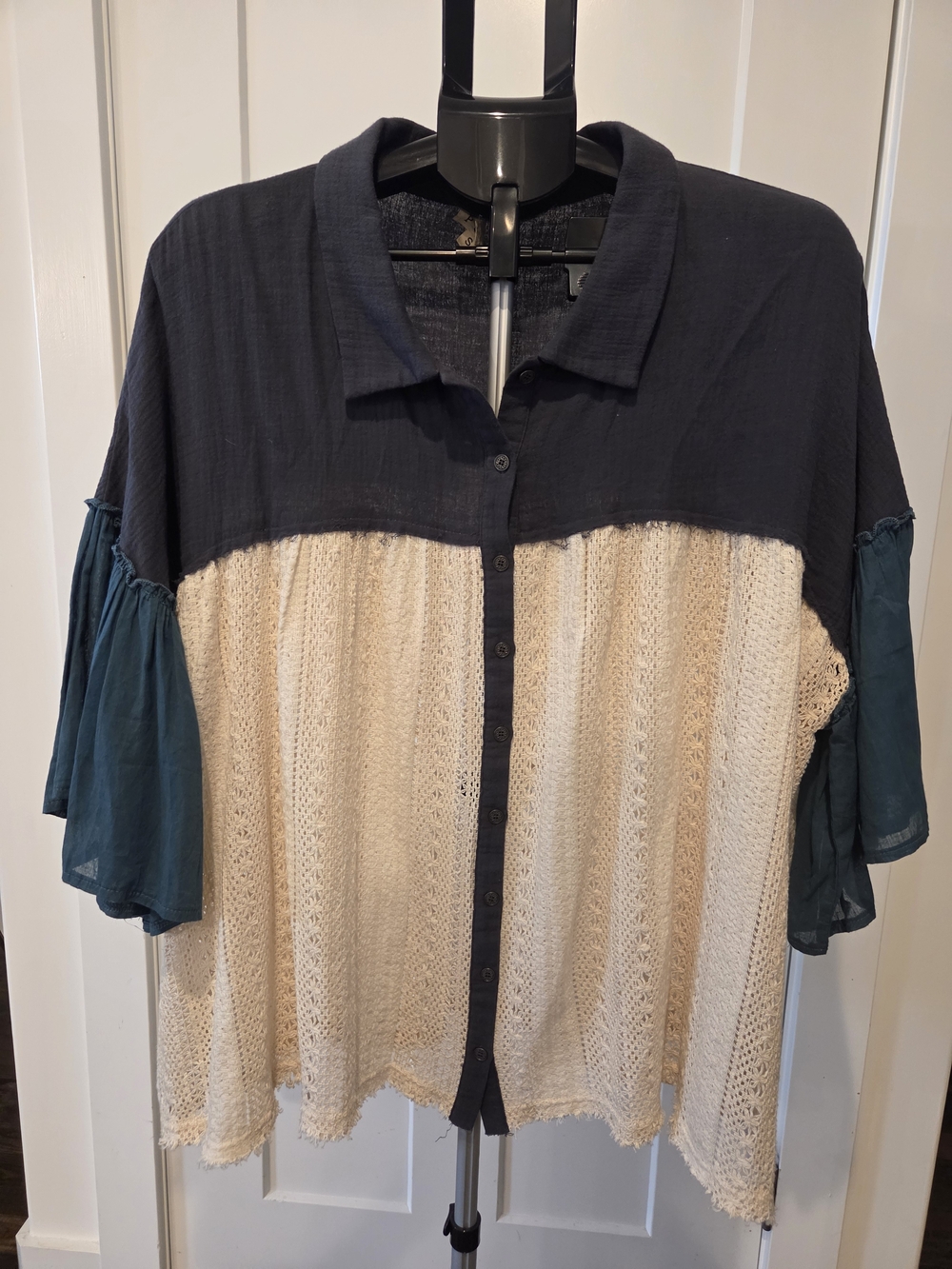 112. POL Colorblock Button-Front Top in Navy, Teal & Cream